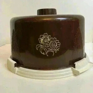 VTG Lock Lift Cake Cover Carrier No. 600 Round 8” x 13” Brown Gold Daisies Retro